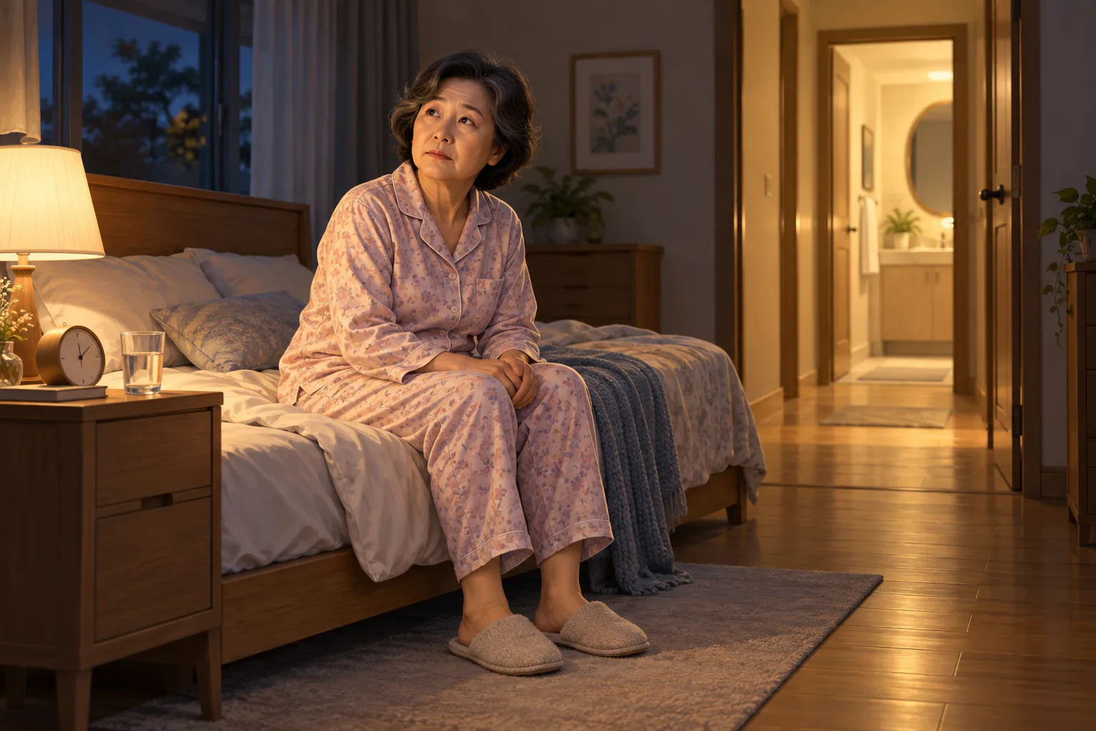 밤에 침대 가장자리에 앉아 있는 고령 여성과 불이 켜진 복도